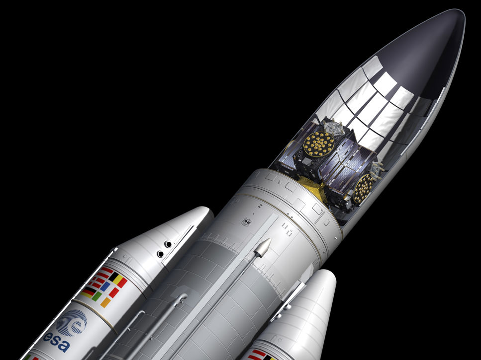 Så här kommer de fyra Galileosatelliterna monteras i den specialanpassade Ariane 5-raketen.