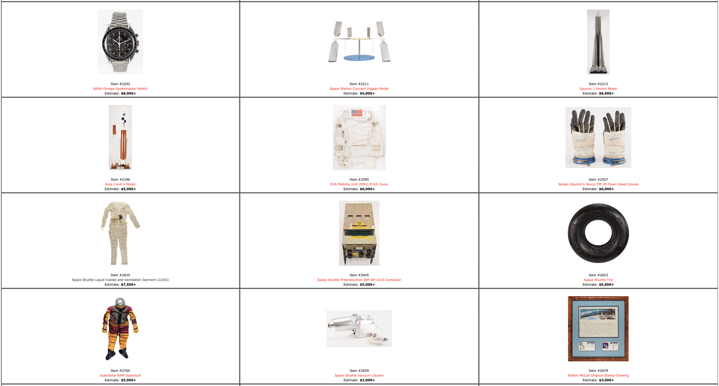 Ropa hem häftiga föremål på rymdauktion!