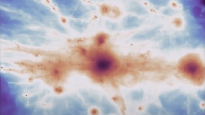 En visualisering av hur galaxkluster och större klumpar av materia kopplas samman av filament. Dessa filament kopplar samman alla galaxkluster i universum.