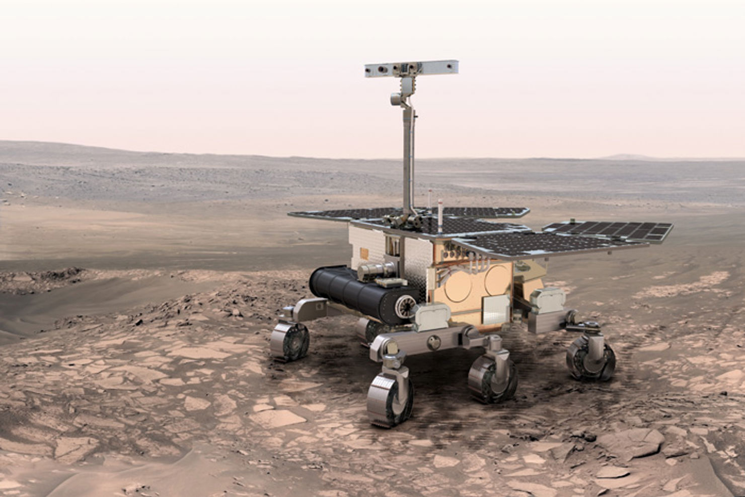 1exomars2010.jpg ESAs Mars-rover ska köra omkring på planetens yta för att undersöka om det finns, eller har funnits liv, där.