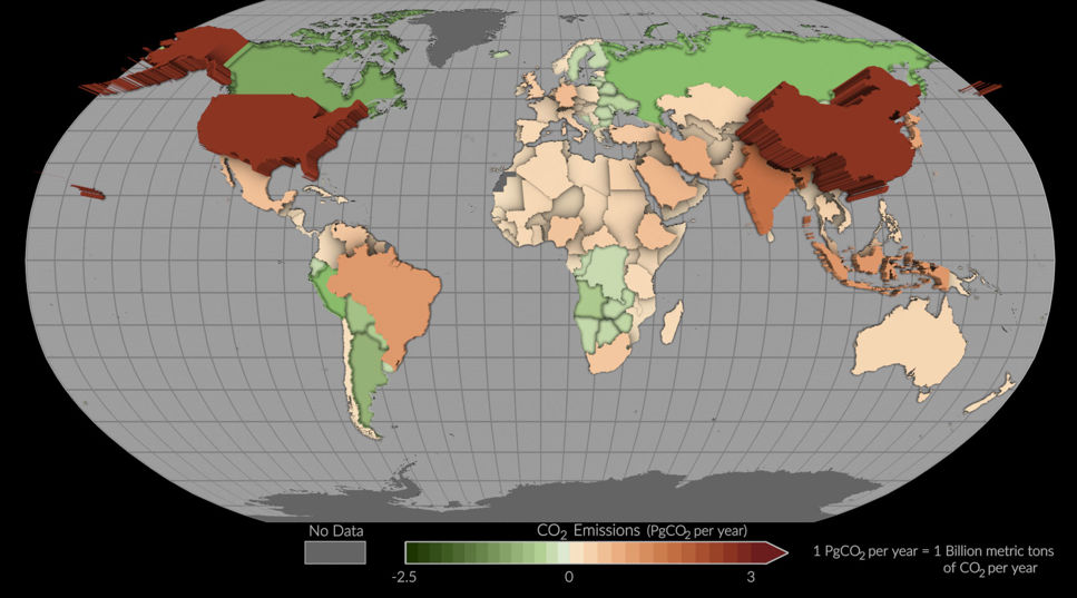 Bild över världens koldioxidutsläpp och upptag mellan 2015 och 2020.