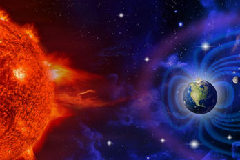 En illustration av solstormar som interagerar med jordens magnetiska fält