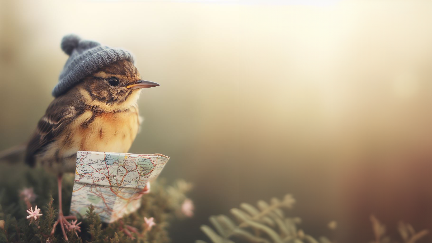 Småfågel vilse med karta och mössa.