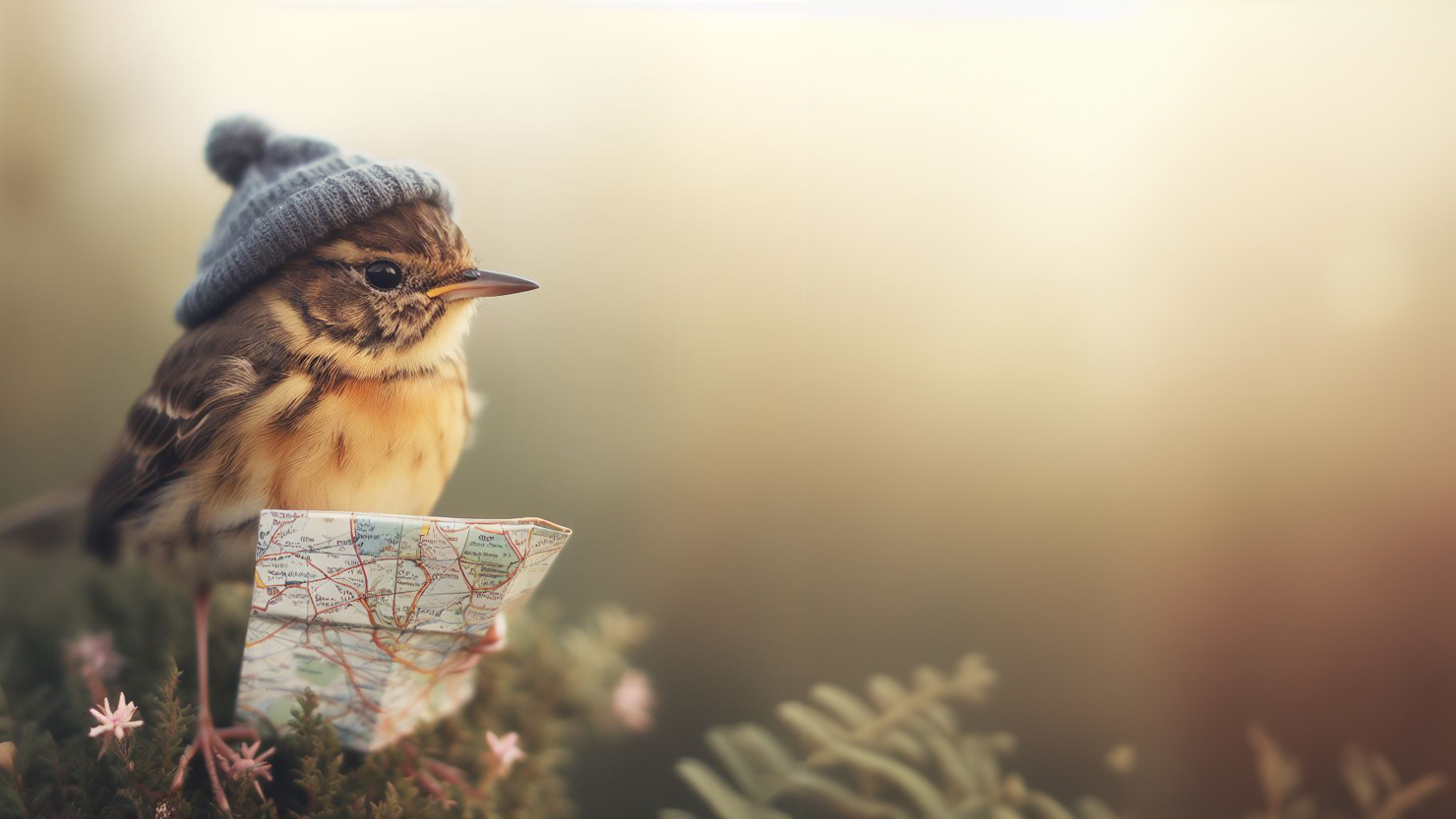 Småfågel vilse med karta och mössa.