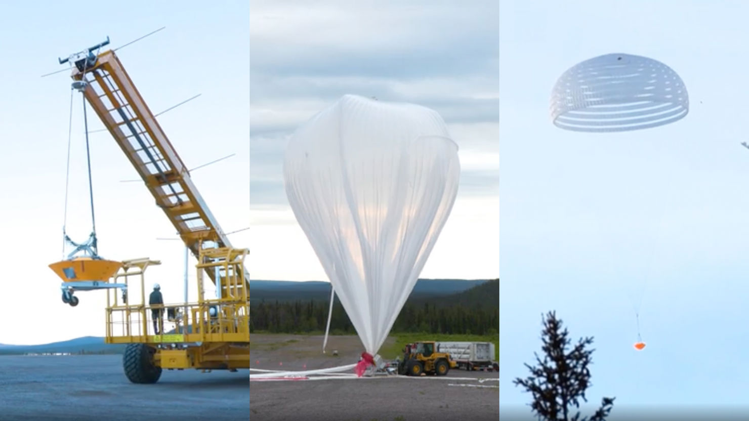 Fallskärmstest på Esrange.jpg Bilder från fallskärmstesterna på Esrange i kiruna. Testfarkosten lyfts upp med hjälp av en lyftkran. Den stora stratosfäriska ballongen blåses upp. Testfarkosten glider mot jorden med hjälp av en stor fallskärm.