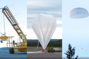 Bilder från fallskärmstesterna på Esrange i kiruna. Testfarkosten lyfts upp med hjälp av en lyftkran. Den stora stratosfäriska ballongen blåses upp. Testfarkosten glider mot jorden med hjälp av en stor fallskärm.