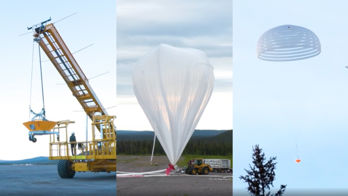 Bilder från fallskärmstesterna på Esrange i kiruna. Testfarkosten lyfts upp med hjälp av en lyftkran. Den stora stratosfäriska ballongen blåses upp. Testfarkosten glider mot jorden med hjälp av en stor fallskärm.