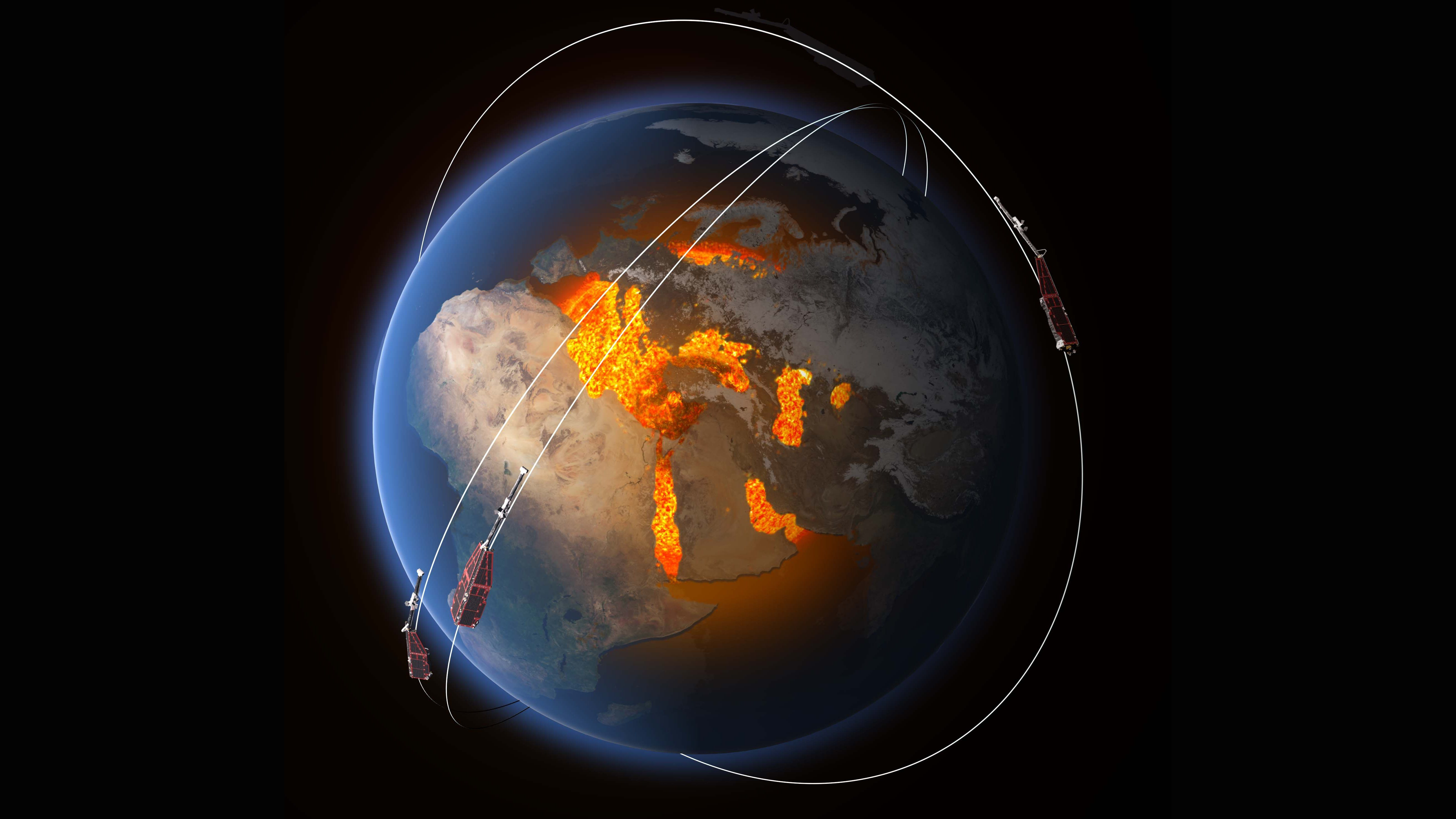 En illustration av jorden med en satellit ovanför