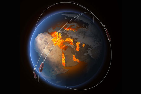 Swarm_constellation.jpg En illustration av jorden med en satellit ovanför