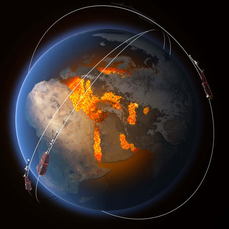 Swarm_constellation.jpg En illustration av jorden med en satellit ovanför