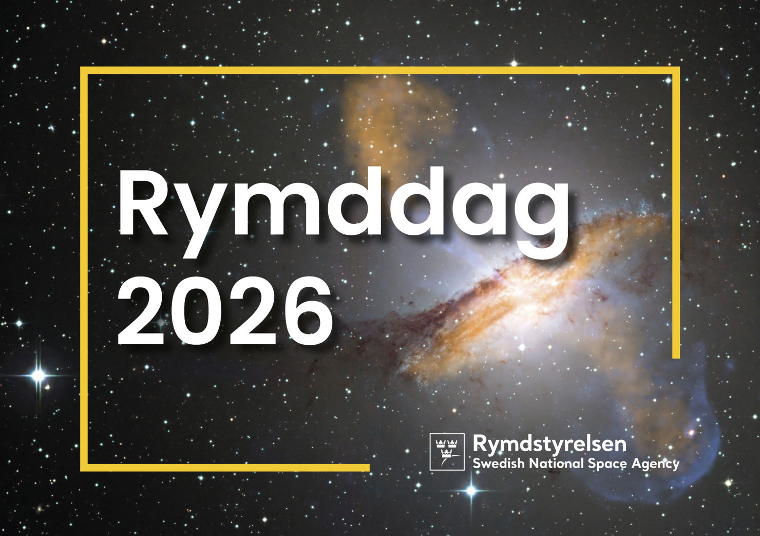 Bild på galax med texten Rymddag 2026
