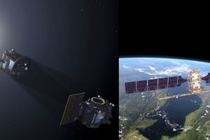 Proba-3,Sentinel-1.jpg Bild: Till vänster, de två satelliterna inom uppdraget Proba-3 vid solen. ESA-P. Carril. Till höger, satelliten Sentinel-1 C över Jorden.