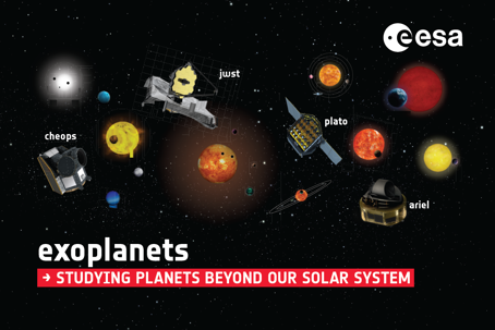 Exoplanets.png Illustration av rymdteleskop mot en fond av stjärnor och planeter