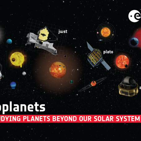 Exoplanets.png Illustration av rymdteleskop mot en fond av stjärnor och planeter