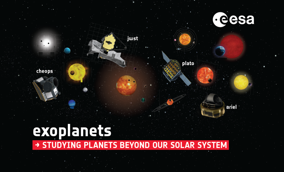 Exoplanets.png Illustration av rymdteleskop mot en fond av stjärnor och planeter