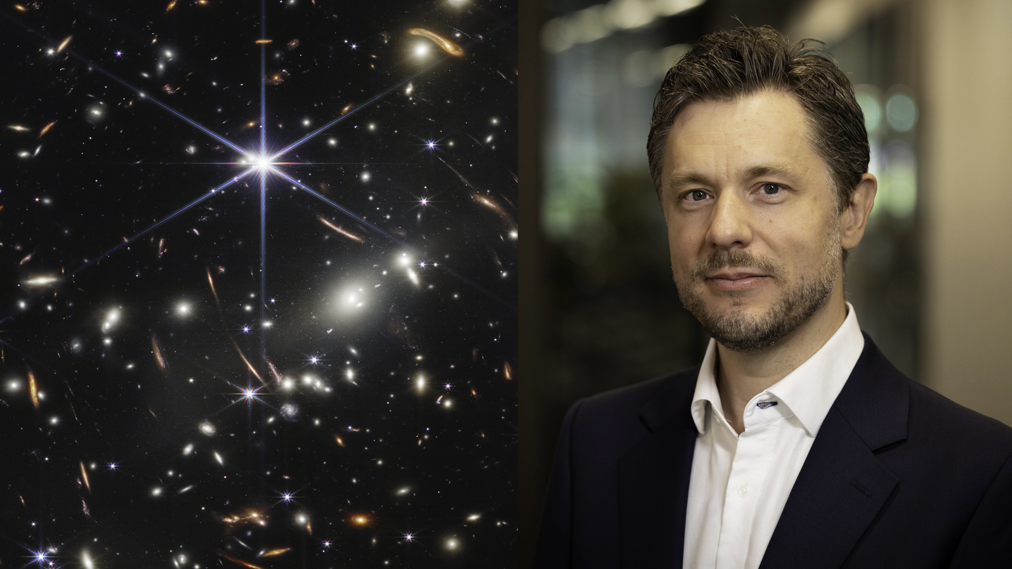 Bild till vänster: En bild av galaxhopen SMACS 0723 tagen av rymdteleskopet James Webb. Den visar galaxklustret som det såg ut för 4,6 miljarder år sedan. Bild till höger: Martin Sahlén.
