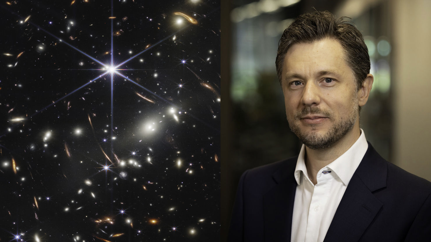 Bild till vänster: En bild av galaxhopen SMACS 0723 tagen av rymdteleskopet James Webb. Den visar galaxklustret som det såg ut för 4,6 miljarder år sedan. Bild till höger: Martin Sahlén.