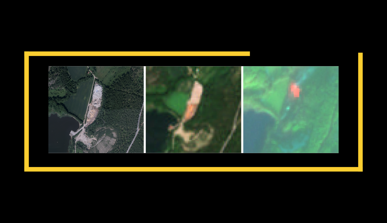 Satellitbild som visar illegal dumpning och förbränning av avfall. Vänster: högupplöst satellitbild. Mitten och höger: Sentinel-2-bilder i naturliga färger respektive falsk färgkomposition.