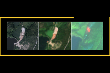 Webb Avfall-1.png Satellitbild som visar illegal dumpning och förbränning av avfall. Vänster: högupplöst satellitbild. Mitten och höger: Sentinel-2-bilder i naturliga färger respektive falsk färgkomposition.