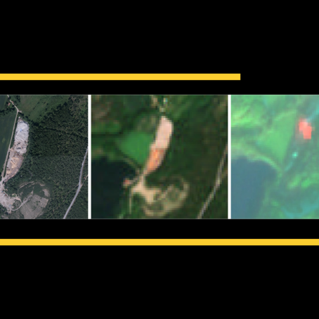 Webb Avfall-1.png Satellitbild som visar illegal dumpning och förbränning av avfall. Vänster: högupplöst satellitbild. Mitten och höger: Sentinel-2-bilder i naturliga färger respektive falsk färgkomposition.