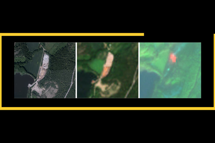 Webb Avfall-1.png Satellitbild som visar illegal dumpning och förbränning av avfall. Vänster: högupplöst satellitbild. Mitten och höger: Sentinel-2-bilder i naturliga färger respektive falsk färgkomposition.