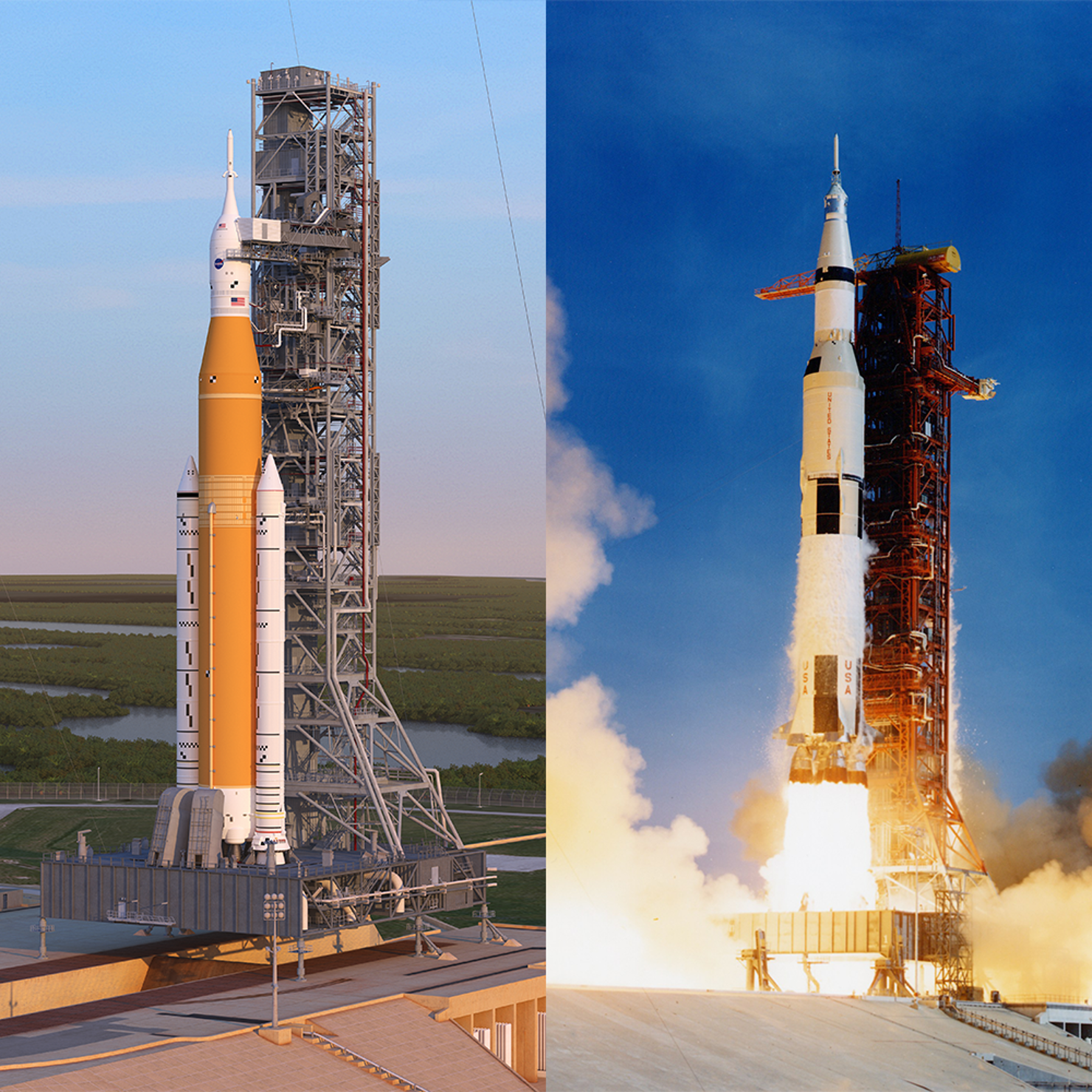 Saturn V och rendering av SLS