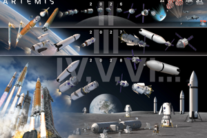 artemis-program-infographic.png Infografik med flera olika raketer och månlandare med jorden och månen som bakgrund.