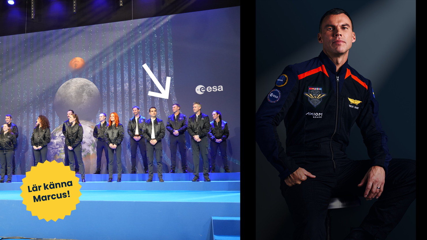 Ett år som astronaut.png Marcus Wandt på scenen och i porträtt