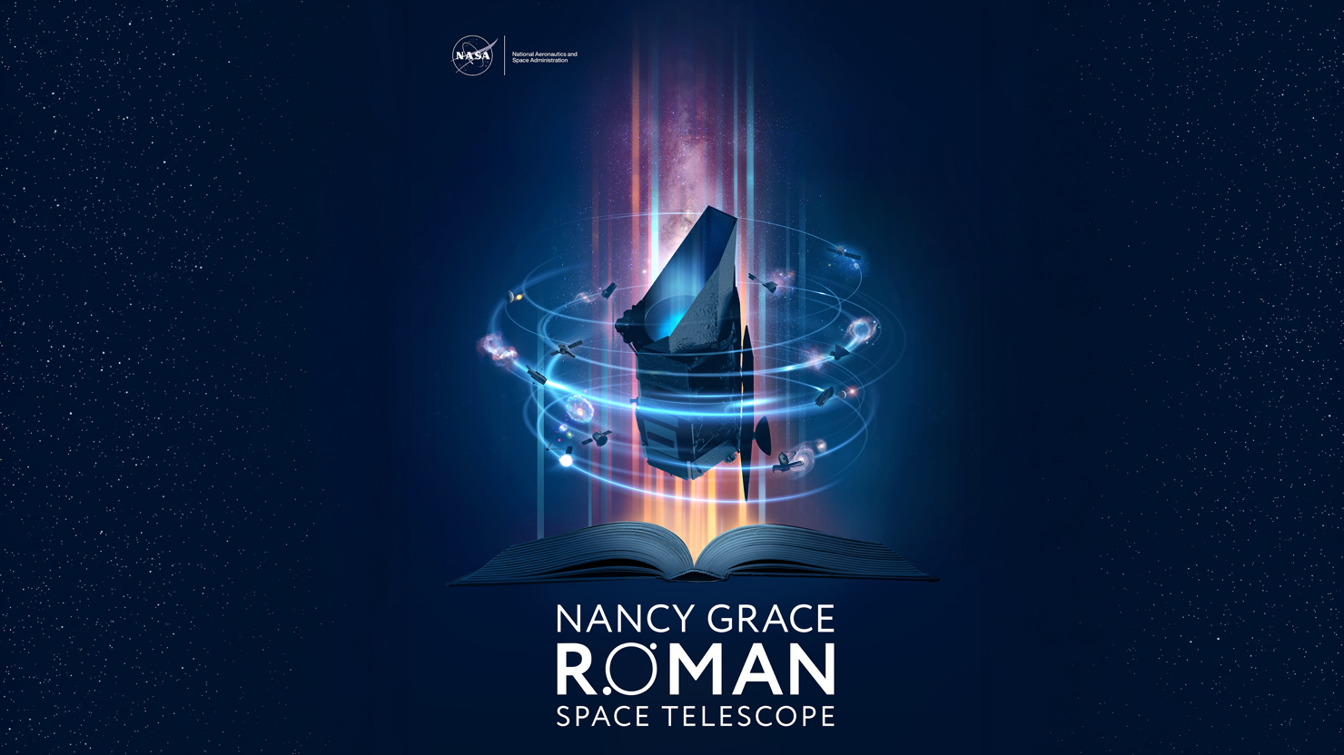 Roman webben.png En datorgenererad bild över ett teleskop som svävar runt bland stjärnorna. Flera olika färger med texten Nancy Grace Roman Space Telescope