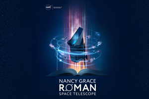 Roman webben.png En datorgenererad bild över ett teleskop som svävar runt bland stjärnorna. Flera olika färger med texten Nancy Grace Roman Space Telescope