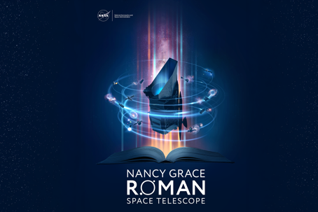 Roman webben.png En datorgenererad bild över ett teleskop som svävar runt bland stjärnorna. Flera olika färger med texten Nancy Grace Roman Space Telescope