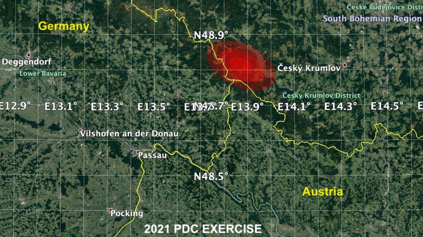 Fiktiv bild från NASA:s krisövning som visar var risken är störst för påverkan från asteroiden.