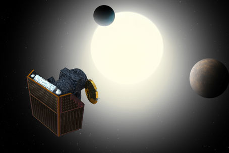 Cheops.jpg Ett rymdteleskop som blickar ut över en stjärna.