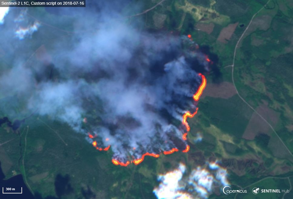 En skogsbrand i Enskogen utanför Ljusdal, sett av Sentinel-2 2018.