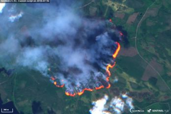 En skogsbrand i Enskogen utanför Ljusdal, sett av Sentinel-2 2018.