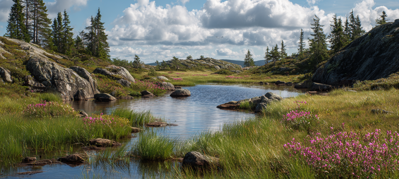Biodiversity.png En äng med en bäck i mitten och skog runt. Vacker väder med tunna moln.