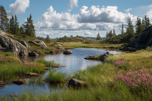 Biodiversity.png En äng med en bäck i mitten och skog runt. Vacker väder med tunna moln.