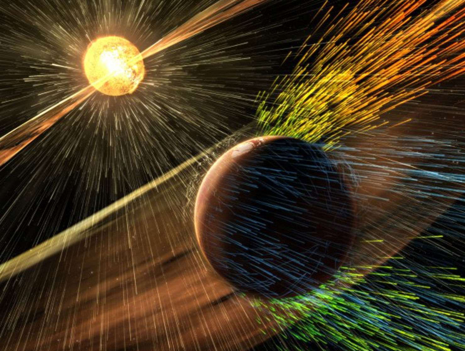 Mars atmosfär har nästan helt förstörts av solvinden.