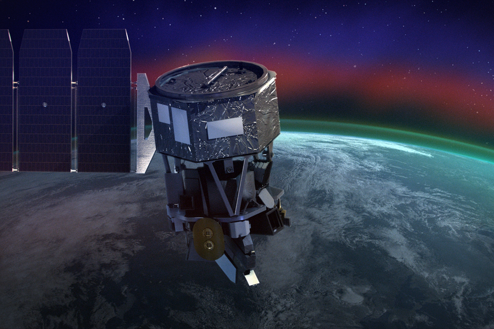 Satelliten Icon på väg mot rymden - med flygplan