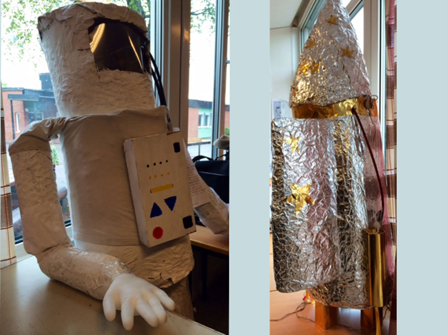 Bild: Folkasboskolan hade gjort både rymddräkt och olika rymdfarkoster. Väldigt imponerande!