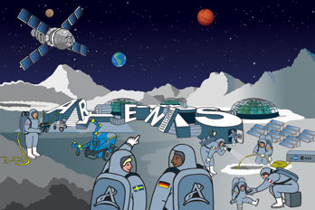 Illustration av multinationell besättning på månen