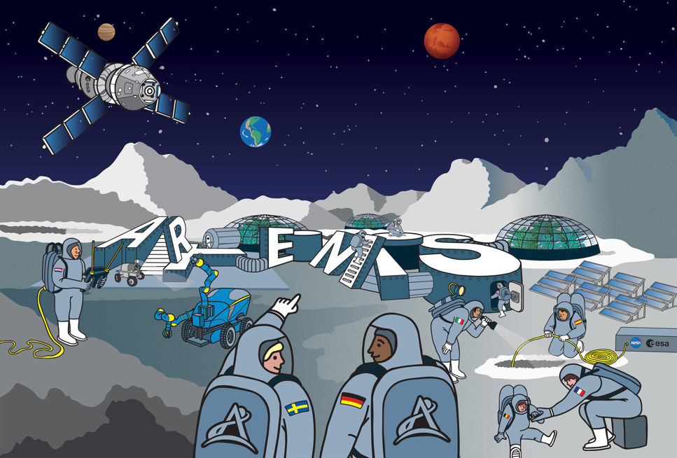 Illustration av multinationell besättning på månen