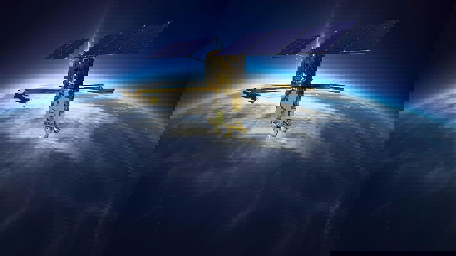 En illustration av SWOT i omloppsbana med sina solpaneler och instrumentantenner utfällda.