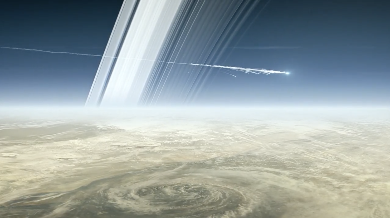 Rymdsonden Cassini bryts sönder och brinner upp i Saturnus atmosfär.