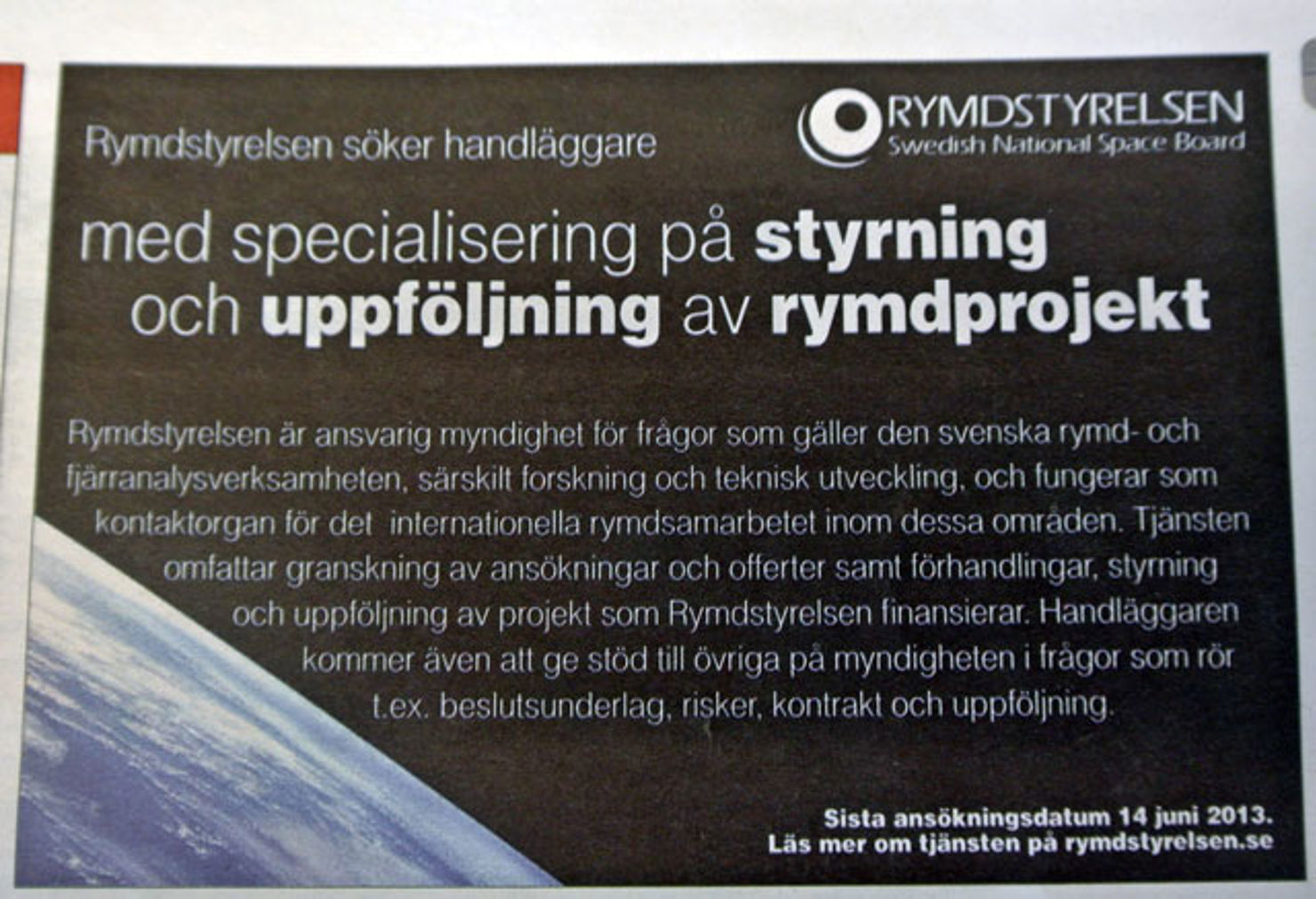 Rymdstyrelsen söker handläggare