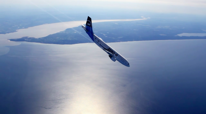 Flygplanet Zero-G faller fritt, vilket skapar 20 sekunder av tyngdlöshet.