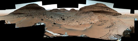 En panoramabild av den smala och slingriga Paraitepuy passagen som Curiosity har rest igenom för att nå den nya regionen.