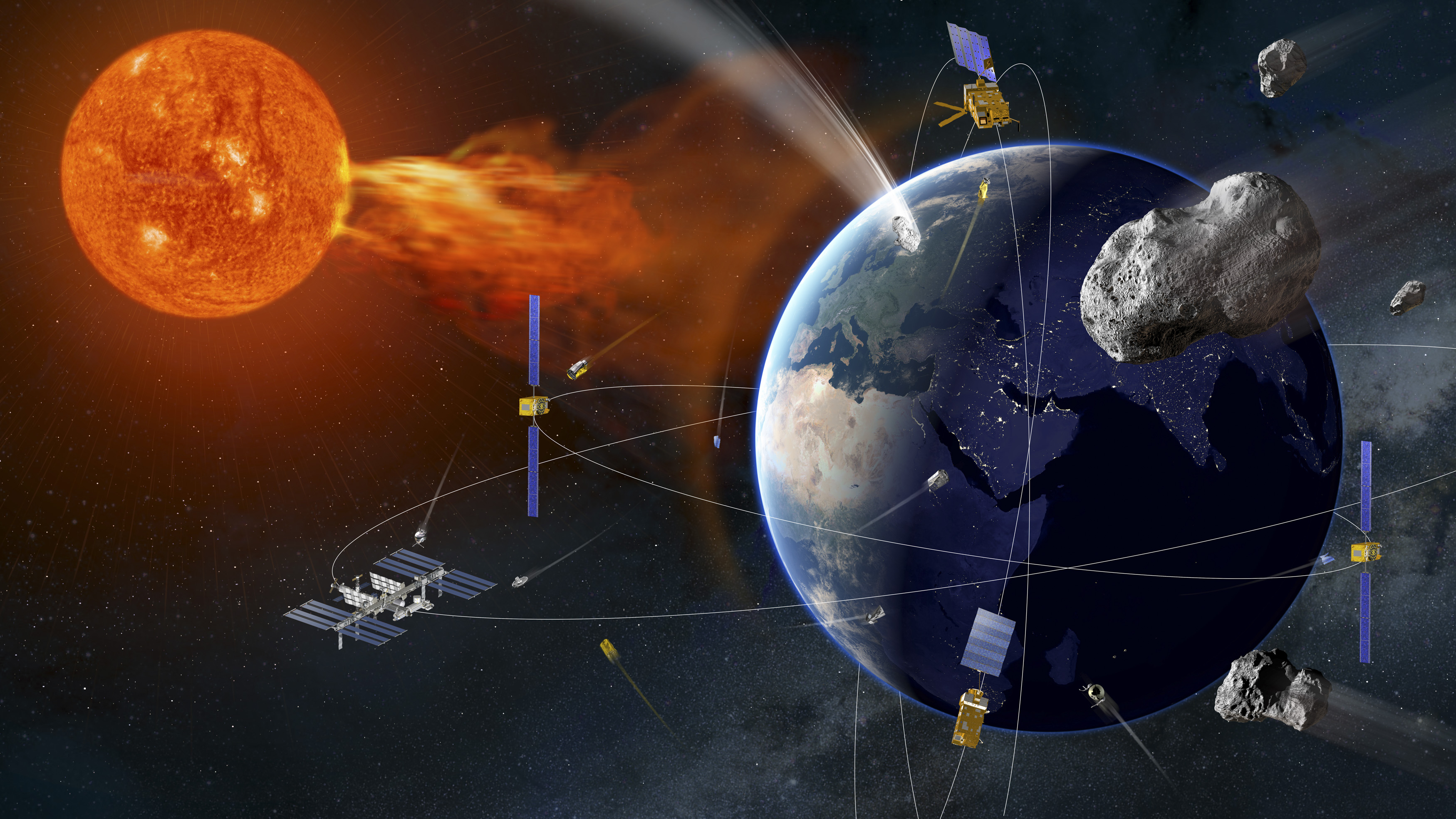 Ett collage som visar solen, jorden, asteroider och satelliter