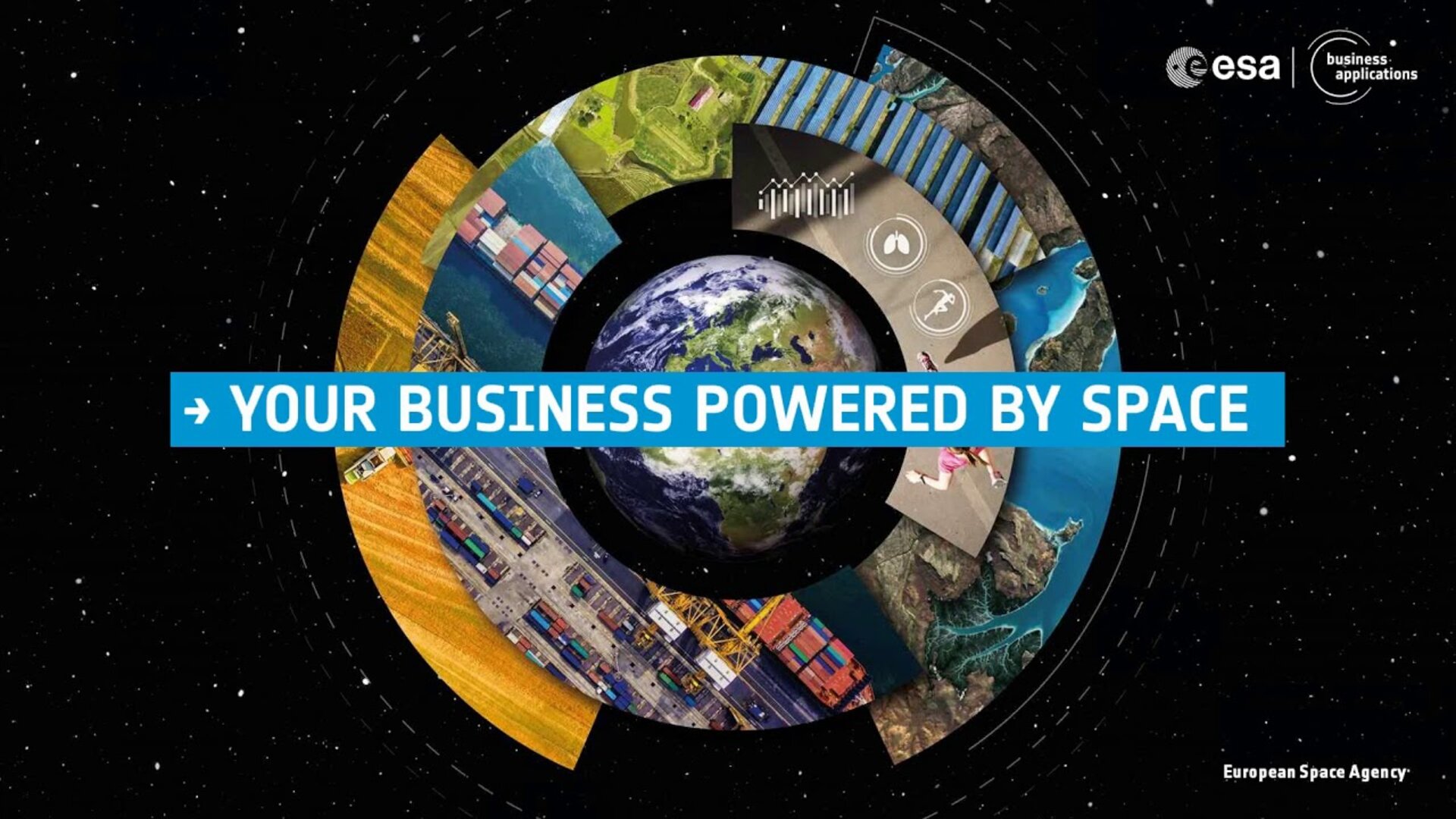 Text med Your business powered by space över en illustration av jorden