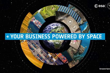 ESA_Business_Applications_pillars.jpg Text med Your business powered by space över en illustration av jorden